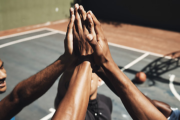 Image showing Sports friends, men or high five on basketball court in success game, community support workout or match motivation. Team building, winner or fitness celebration hands of players in exercise training