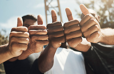 Image showing Sports team, men and thumbs up success in fitness workout motivation, training trust and exercise community support. Zoom, friends and basketball court players with hand gesture for winner goals vote