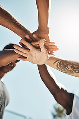 Image showing Support, teamwork and hands of friends on basketball court for fitness, health and community sports workout. Training, coaching and team building with athletes for goals, exercise and competition