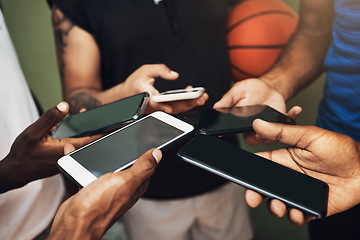 Image showing Teamwork, networking and hands of friends with phone and share for communication, internet and social media app. Technology, digital and contact with basketball player and mobile for 5g and website