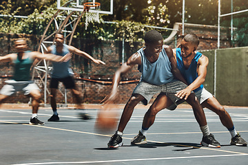 Image showing Training, basketball and friends at a basketball court, having fun in competitive game and laughing, silly and cheerful. Energy, sports and basketball players competing for ball in bonding workout