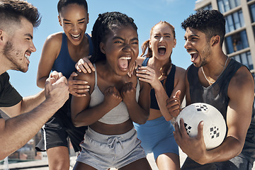 Image showing Soccer teamwork, winner and success celebration in fitness workout, training game and workout match with friends. Screaming sports people, football and fist in motivation, energy and exercise goals