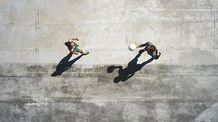 Image showing Sports, friends and basketball in city by man and woman training for fitness, health and cardio from above. Energy, basketball player and basketball court sports people competing in a endurance game