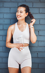 Image showing Health, wellness and woman with water bottle for drinking water after exercise, training or workout. Fitness, sports and female from Canada with fresh, refreshing liquid or beverage for hydration.