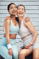 Image showing Fitness, friends and exercise partner with happy women outdoor for training, cardio workout and mental wellness. Friendship, athlete and runner females hugging for motivation, sports and healthy fun
