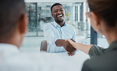 Image showing Handshake, interview and business people for diversity partnership, contract deal or b2b welcome meeting, Collaboration, agreement and recruitment black man shaking hands for career or job onboarding