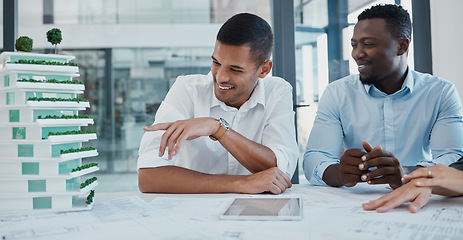 Image showing Architect, developer and miniature building blueprint, meeting for strategy, city growth planning and apartment development. Teamwork, vision and mission, men consulting future construction project.