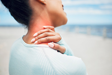 Image showing Fitness, sports and injury, woman with neck pain on outdoor workout closeup. Workout pain, girl with hand on neck and swollen red shoulder muscle for massage, physical therapy or medical attention.