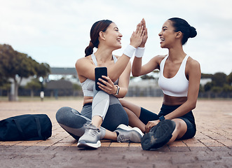 Image showing High five, success and fitness friends with goals, motivation and winning mindset in celebration of targets. Sports, teamwork and happy women celebrate running workout, exercise and cardio progress