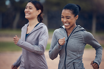 Image showing Running, fitness and women training in the city of London for health, wellness and body goal together. Happy, smile and athlete friends with motivation for a workout, exercise and cardio in a park