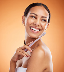 Image showing Toothbrush, dental and woman with product for teeth wellness and dentist choice promotion in studio mock up. Smile of a young model with mouth insurance healthcare marketing or advertising background