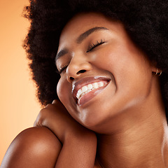 Image showing Natural makeup, beauty and skincare, black woman face and skin, cosmetology advertising and studio background. African, happy and fresh glow, cosmetics and facial care treatment marketing closeup.