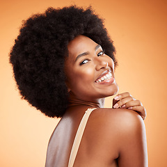 Image showing Skincare, cosmetics and black woman with smile, being happy, confident and brown studio background for body care or being bold for natural beauty. Makeup, female smooth skin or girl afro for wellness