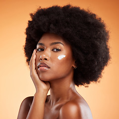 Image showing Black woman, beauty and cream skincare and face, natural cosmetic advertising portrait. Skin, model and moisturizer, glow and fresh, cosmetology with facial and body care product marketing.