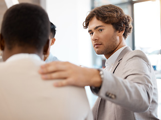 Image showing Depression, mental health and business people in a support group for therapy for a stressed African worker with anxiety. Sad, diversity and depressed employee in a company team meeting for counseling