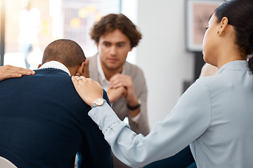 Image showing Mental health, group counseling and therapy for business professional to support problems like stress, fatigue and burnout. Work community help, clinical psychologist and hr corporate sharing policy