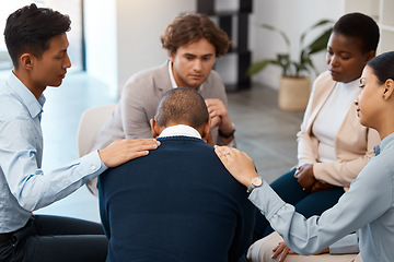 Image showing Support, help and mental health people in therapy discussion for anxiety problem, stress or depression with professional psychologist or therapist. Care, trust and psychology with community talking