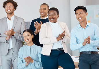 Image showing Team, applause and business people, collaboration and diversity together in office for corporate. Happy, men and women, team building meeting and congratulations, support and teamwork success.