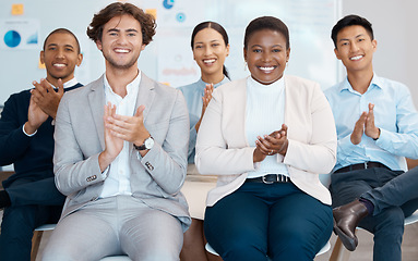 Image showing Applause, achievement and business people or audience in a seminar, workshop meeting for finance, marketing and diversity. Corporate team portrait for celebration of financial update and company goal