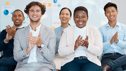 Image showing Business audience, applause and diversity people clapping hands for collaboration success and achievement at training meeting or celebration. Men and women clap for seminar, thank you and respect