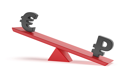 Image showing Russian ruble versus Euro on seesaw