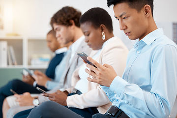 Image showing Business people, phone or job interview waiting in office on social media, company brand research or schedule planning technology. Men, women or mobile in human resources line for new job recruitment