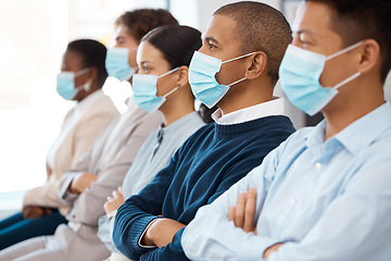 Image showing Covid, face mask and people at a business convention sitting in row. Healthcare, networking and audience wearing mask at conference, seminar or trade show during covid 19 pandemic in corporate office
