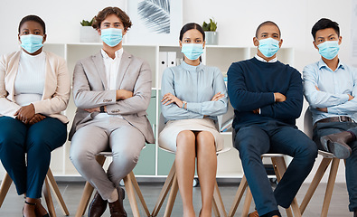 Image showing Recruitment during covid, hiring and diversity business people with mask for safety from corona virus pandemic. Portrait of group of people in waiting room for job interview with human resources hr