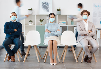 Image showing Covid face mask, social distancing or busy office men or woman with arms crossed, safety compliance or virus security. Portrait, business people diversity or covid 19 healthcare in job interview line