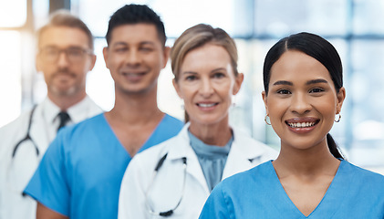 Image showing Diversity team, medical and doctors smile, ready for surgery and in hospital together. Healthcare, nurses pose and happy group being professional, working and prepare for surgery and in clinic.