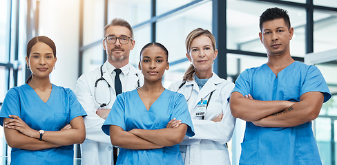 Image showing Doctors, nurses or arms crossed in hospital for healthcare, wellness vision or collaboration trust. Portrait, teamwork or consulting medical workers and life insurance security in medicine innovation