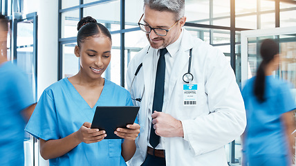 Image showing Doctor, nurse and digital tablet in a hospital for healthcare, planning and medical innovation. Medicine, vision and health experts collaboration with medic intern discussing online treatment plan