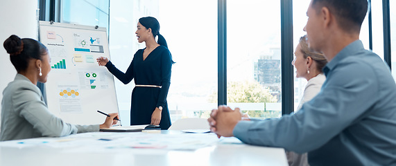 Image showing Presentation, leadership and woman with business people in a meeting for innovation planning marketing strategy ideas. Mission, diversity and management speaking of branding and our vision for growth