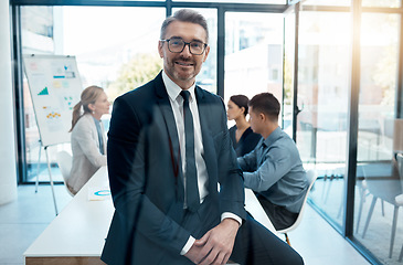 Image showing Leader, CEO and manager in a boardroom meeting with his team for planning, strategy and planning future growth. Business, marketing and leadership with a mature male employee or mentor in an office