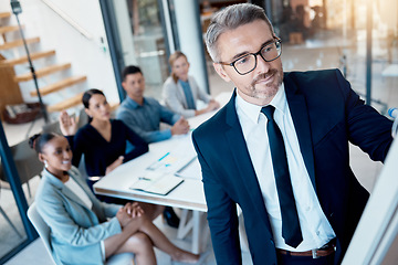 Image showing Business, coaching and learning, leader meeting or presentation with team idea sharing in corporate brainstorming workshop at startup. Teamwork, leadership and CEO man and women in office boardroom.