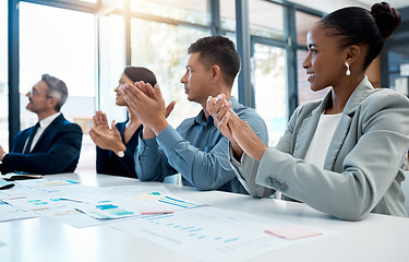 Image showing Applause, celebration success and business people meeting for kpi update, finance profit and company innovation lens flare. Corporate team or group clapping hands for office target goal achievement