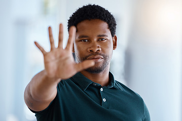 Image showing Black man, hands and stop or five gesture for sign, warning or halt raising palm and fingers in protest. Portrait of a serious African American male showing number hand in vote, icon or voice