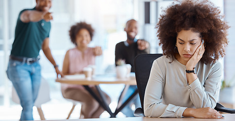 Image showing Workplace, gossip and bullying business people for Human Resources, mental health or office compliance. Corporate staff whisper of black woman with management problem, hr policy and depression risk