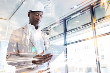 Image showing Tablet, city overlay and architect or black man with engineering project urban development or industrial innovation design app software. Construction worker with speed infrastructure technology ux ui