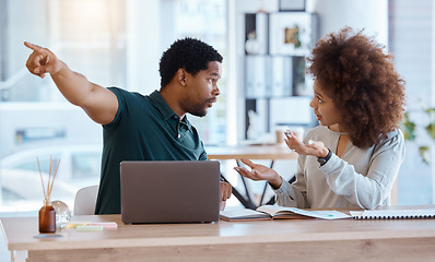 Image showing Divorce, pointing and angry couple fight over conflict trouble, life problem and taxes or finance debt at home. Financial crisis anger, marriage fail and frustrated black woman, man or people argue