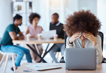 Image showing Business woman stress, burnout or laptop anxiety with 404 error, financial stress or mental health at work. Depression, tired or headache from tax, audit or company finance review report tech glitch