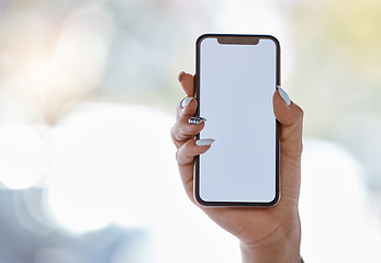 Image showing Woman, hands and phone with mockup space for travel app marketing, gps logo or map design ux for tourist travel. Zoom, 5g mobile or communication technology with mock up for social media advertising