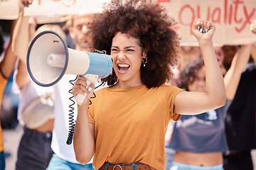 Image showing Megaphone, equality or women rights protest for global change, gender equality or angry black woman fight for support. Crowd poster banner, city speech or human rights rally by social justice warrior