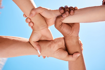 Image showing Wrist hands, team and community support diversity people, protest group and human rights freedom on blue sky background. Below solidarity, partnership and motivation of goals, trust and world justice