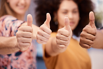 Image showing Thumbs up, success and goal of people in community with solidarity, agreement and achievement. Union of social change group with approval hands together for yes, victory and teamwork cropped.