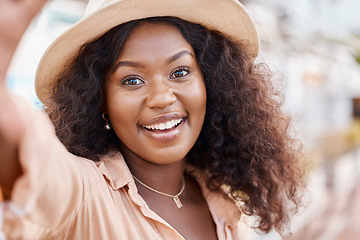 Image showing Black woman, selfie portrait and city street fashion, face and influencer summer lifestyle, happiness and relax on vacation outdoors. Smile, happy and tourist black girl taking photos on social media