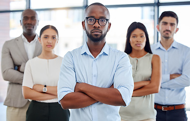 Image showing Diversity, serious and corporate team portrait with arms crossed in expert legal office workspace. Multicultural and professional lawyer company with assertive and smart people standing together.