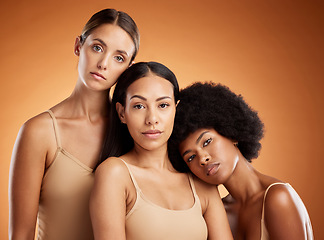Image showing Beauty, diversity and skincare friends in studio, advertising natural, wellness and neutral product. Portrait, women and luxury model group bonding, grooming and hygiene routine for different people