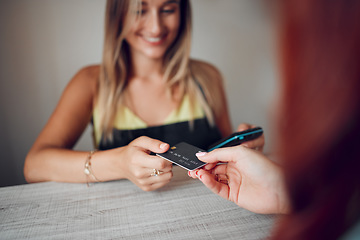 Image showing Customer hand payment using credit card, machine or 5g technology for luxury retail sale. Manager, store owner or employee with internet nfc to tap, scan for the bill restaurant, store or coffee shop