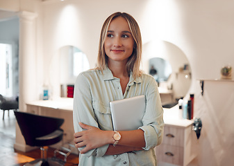 Image showing Hairdresser salon, happy and woman with tablet to check digital schedule, calendar or work day planner. Hair care, beauty studio and barbershop worker with mobile tech checklist to track inventory